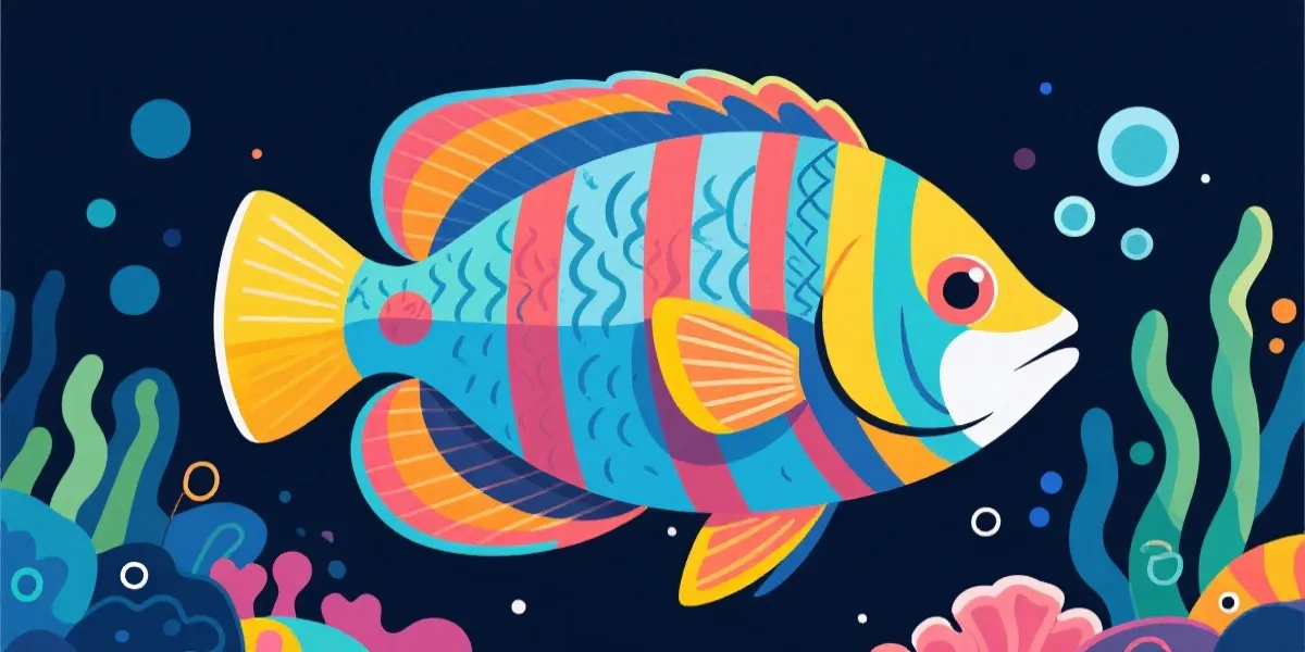 海底主题插画：色彩斑斓的鱼群与光束